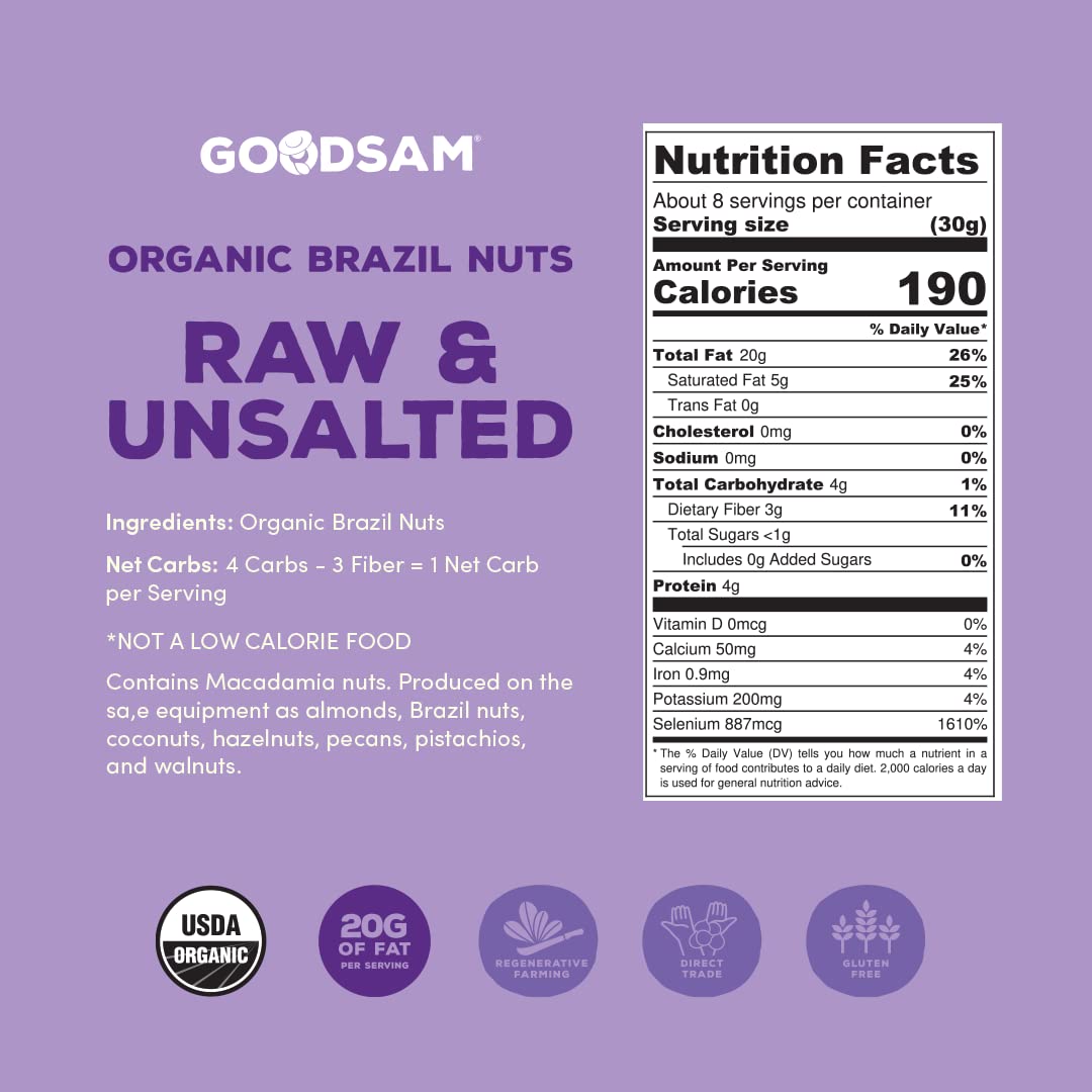 GoodSAM Organic Raw Brazil Nuts 0.5lb  Unsalted  Gluten Free  Non GMO  Vegan  Keto  Regenerative Farming  Direct Trade