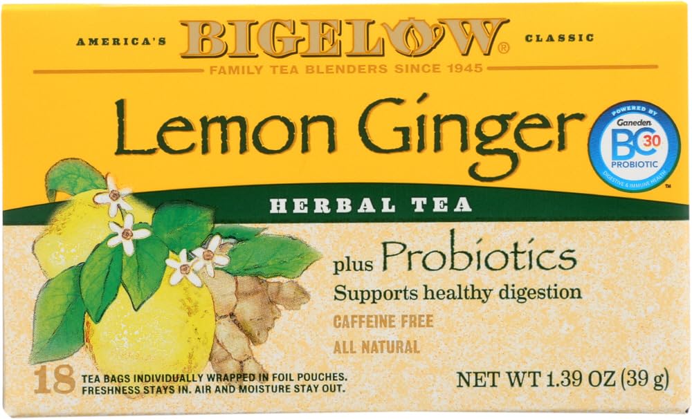 Bigelow Tea Classic Lemon Ginger Herbal Tea, Probiotics, 18 Count (Pack of 3)