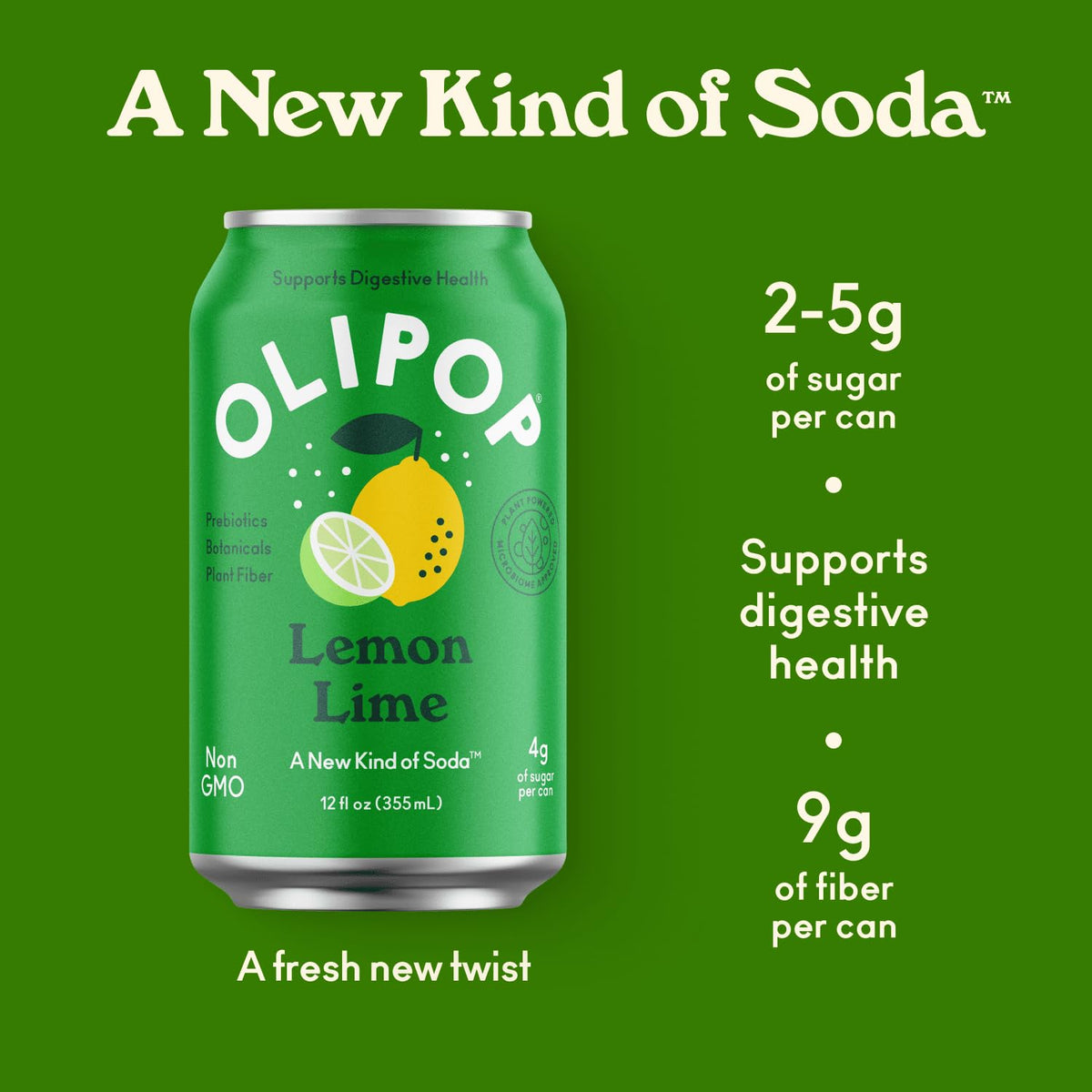 OLIPOP Prebiotic Soda Pop  Lemon Lime  Prebiotics  Botanicals  Plant Fiber  12 fl oz