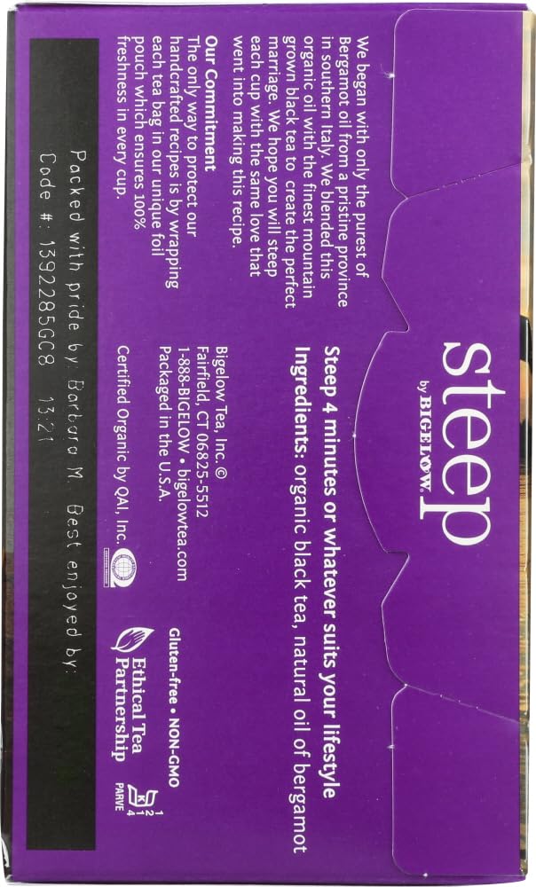 Steep By Bigelow Organic Earl Grey Black Tea Bags, 20 Count Box Caffeinated Black Tea