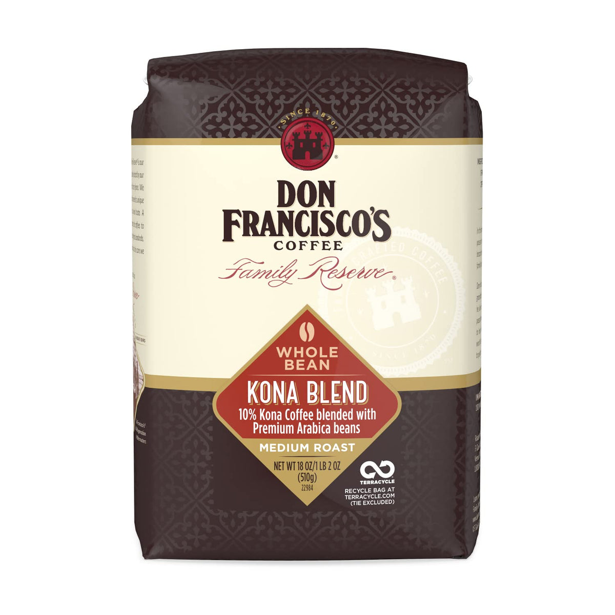 Don Franciscos Kona Blend Medium Roast Whole Bean Coffee, 10% Kona, (18 Oz Bag)