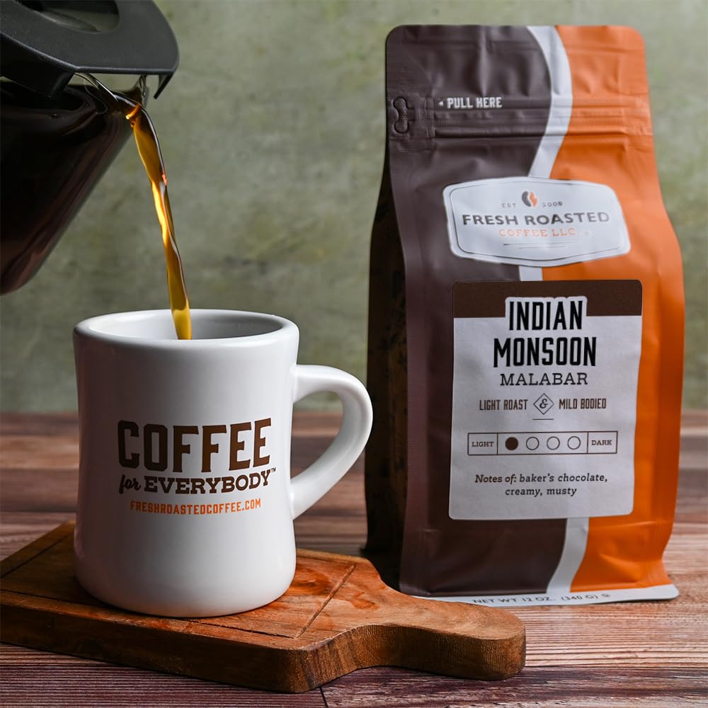 Fresh Roasted Coffee, Indian Monsoon Malabar, 12 Oz, Light Roast, Kosher, Ground