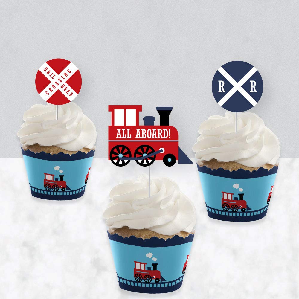 Big Dot of Happiness Cupcake Decoration Kit - Steam Train Birthday Party - Set of 24 - Red, Blue, White - Model BD4068tpk