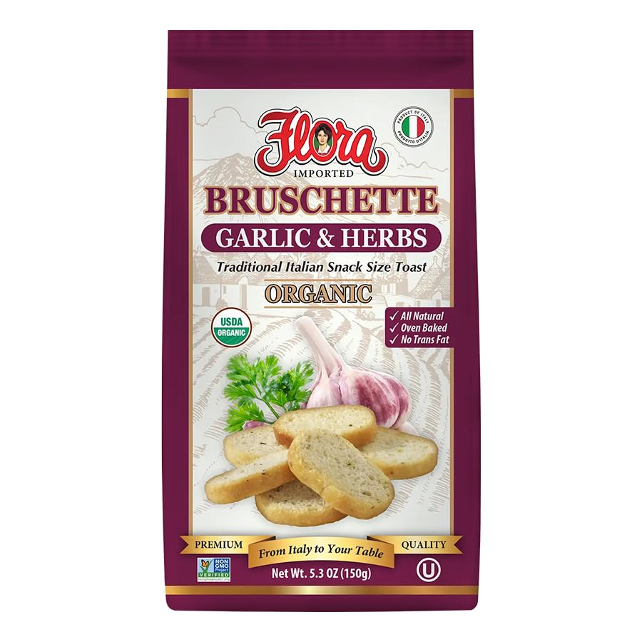 Flora Fine Foods Organic Bruschette Mini Toasts, Garlic & Herbs, 5.3 oz, USDA Organic, Oven Baked, No Trans Fat