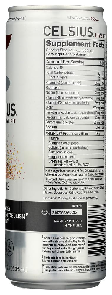 CELSIUS Sparkling Cola Energy Drink, Zero Sugar, 12 Fl Oz (Pack of 24), Model FGSS6407