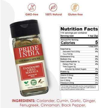 Pride Of India Tandoori Grill Masala - Gourmet Spice Blend - 1.7 oz - Ideal for Vegetable, Meat & Chicken Cooking - GMO Free