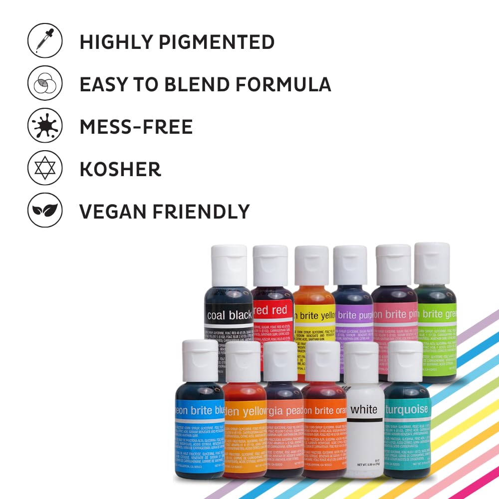 Chefmaster - Liqua-Gel Food Coloring - 12 Color Set B - Fade Resistant - 12 Pack - Vibrant, Eye-Catching Colors, Easy-To-Blend Formula, Fade-Resistant - Made In The Usa