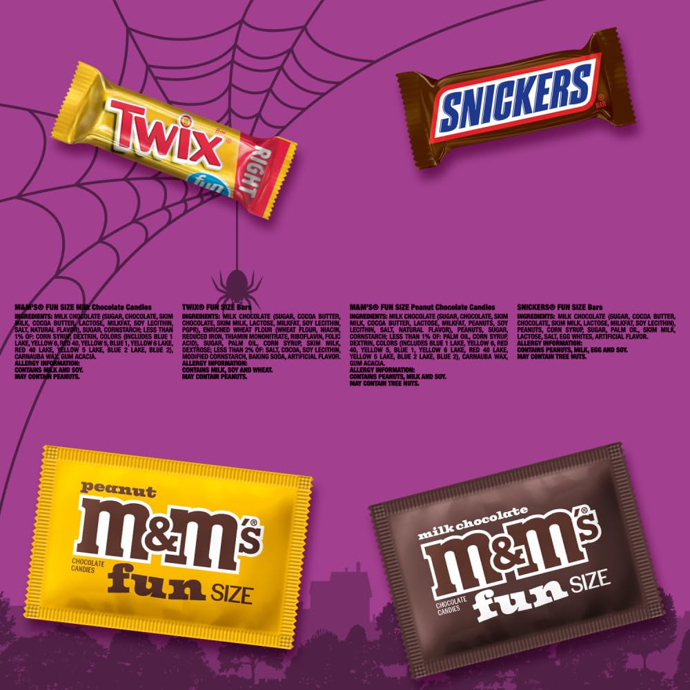 M&MS Fun Size Milk Chocolate  M&MS Fun Size Peanut  SNICKERS Fun Size & TWIX Fun Size Caramel Cookie Milk Chocolate Individually Wrapped Trick or Treat Halloween Candy  35 Ct  19.37 Oz Bulk Bag