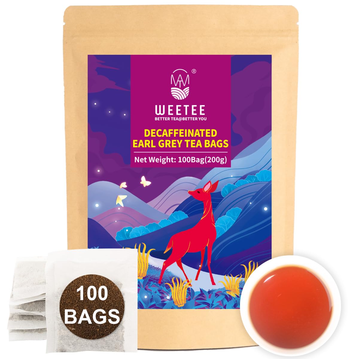 WT WEETEE Decaf Earl Grey Tea Bags, 100 Count CO2-Decaffeinated Black Tea Flavored with Bergamot Orange, Smooth & Refreshing, Dr