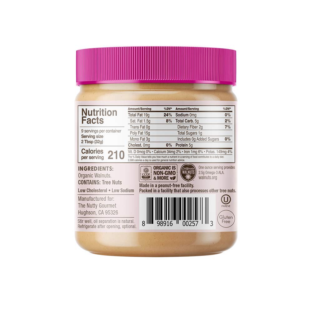 The Nutty Gourmet Organic Walnut Butter - Raw, Unsalted, Vegan - 10oz (Pack of 2)