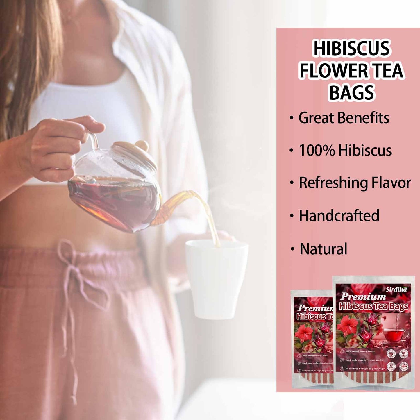 XICOFISS Premium Hibiscus Tea Bags, 100% Natural, Handmade, Vegan, No Additives, Caffeine, Sugar, Gluten