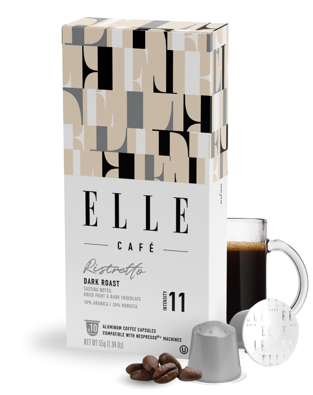 Elle Cafe Ristretto Espresso Coffee Pods - 10 Count - Dark Roast  Flavor Intensity Level 11 - Single-Serve Units  Compatible With Nespresso Oriflavor Blendal Coffee Machines