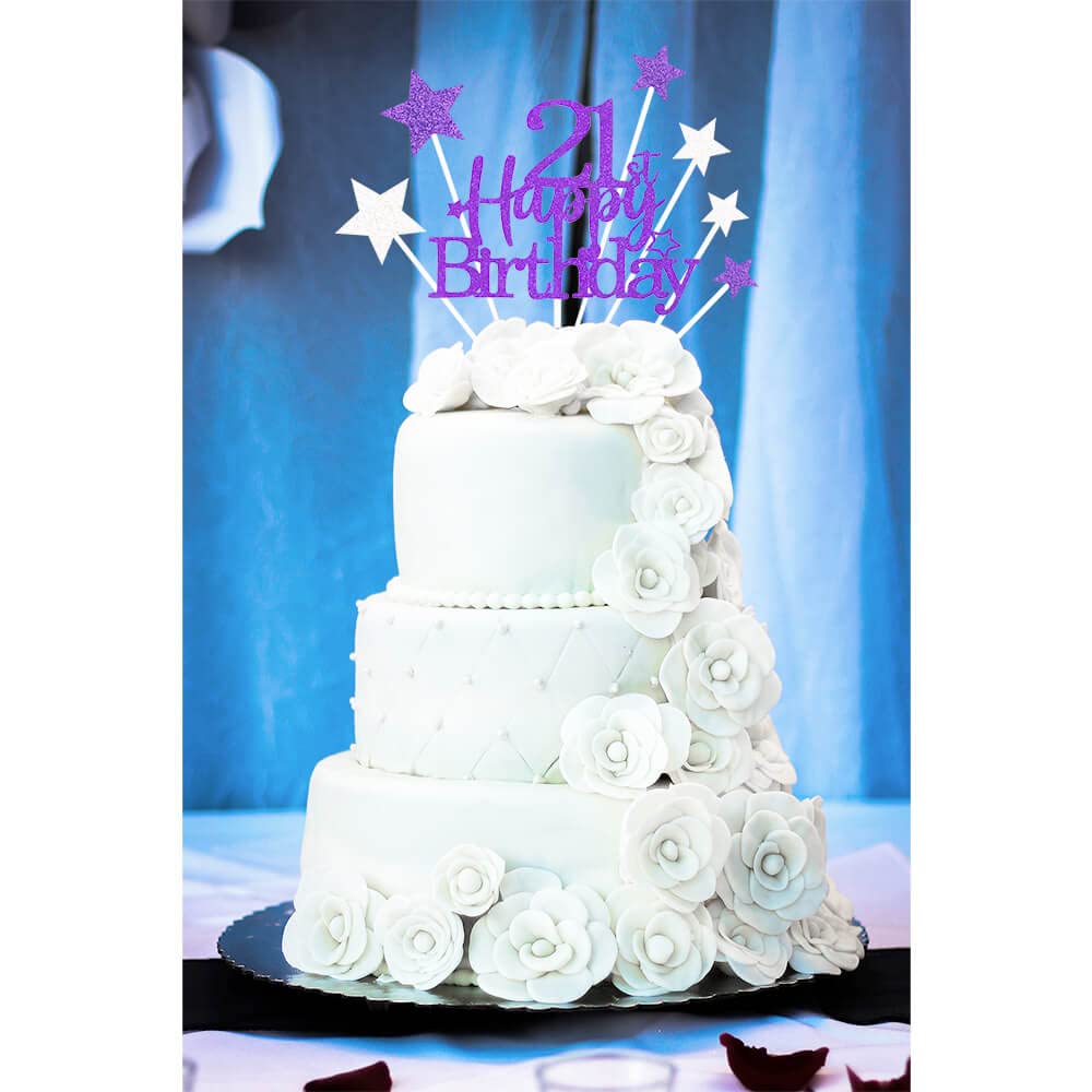 Pargleev Glittery 21st Birthday Cake Topper, Purple Silver, Personalised with Star, Model hbcp-zycp21-221027