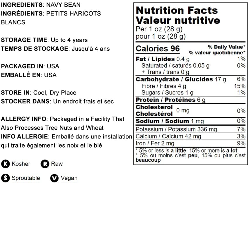 Food To Live Navy Beans, 20 Pounds Raw, Dried, Vegan, Kosher, Whole Small White Kidney Beans In Bulk, Good Source Of Protein, Fiber, Folate, And Copper. Low Sodium. Great For Cooking And Soups