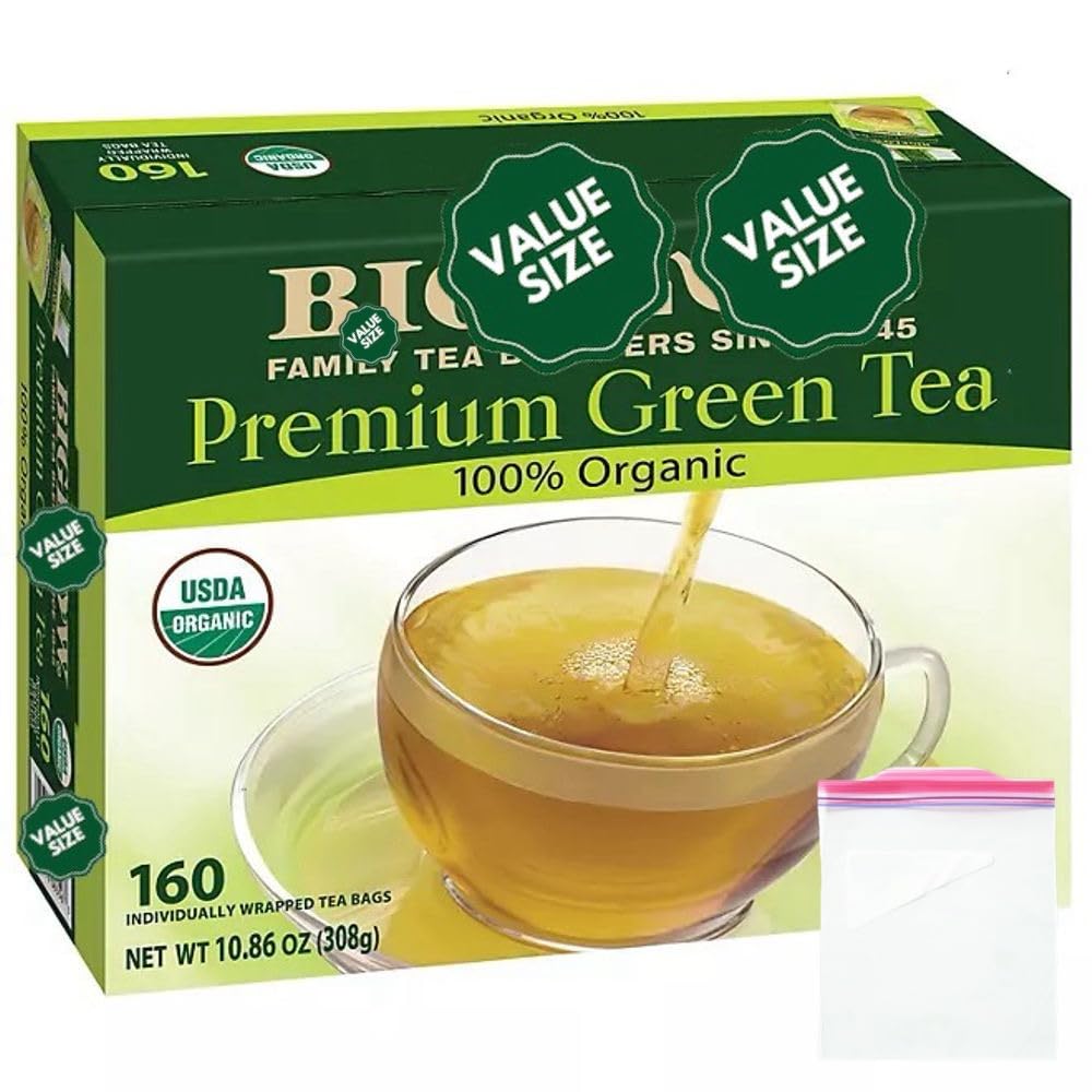 Bigelow Premium Organic Green Tea, 160 Count, Includes Storage Bag