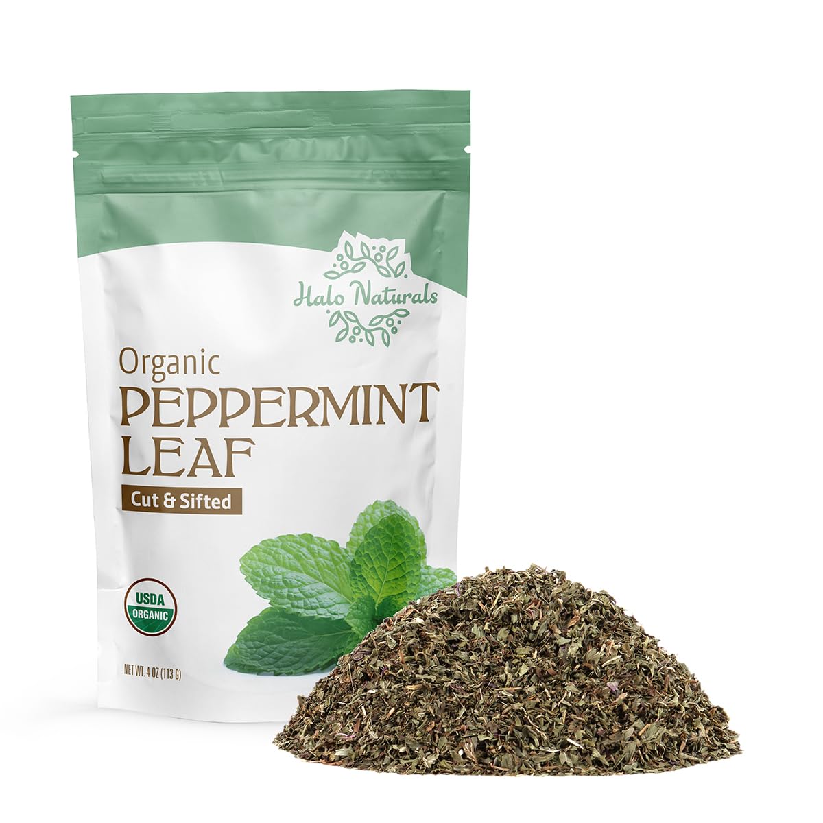 Halo Naturals Organic Peppermint Leaf Cut & Sifted, 4 Ounces (Mentha piperita) USDA Certified | Resealable Pouch| Packaged in Th