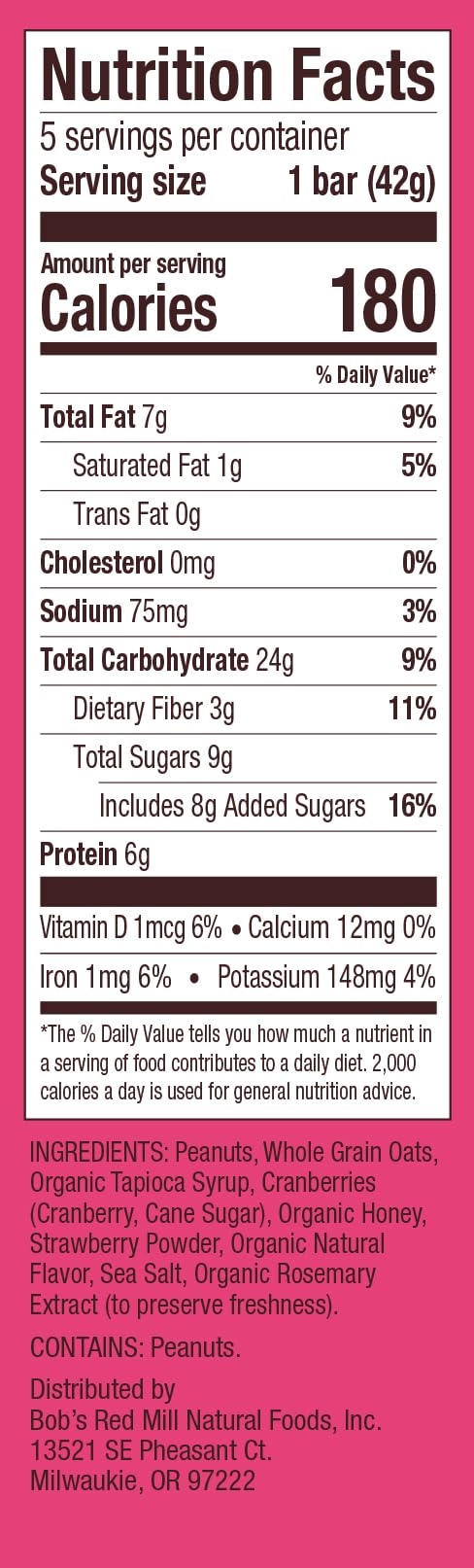 Bobs Red Mill Peanut Butter Jelly & Oats Snack Bar - 5 Bars (Pack of 1) - Gluten Free, Non-GMO, Whole Grain