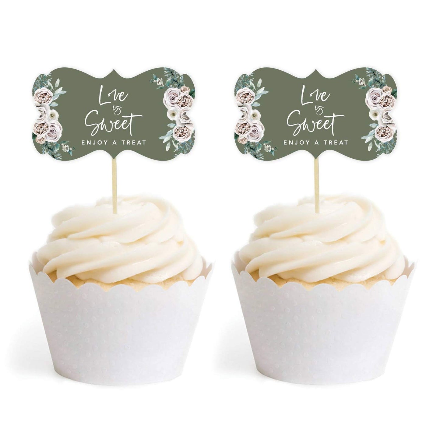 Andaz Press Cupcake Topper Kit, Floral Blossoms Design, 18-Pack, 2.25 x 1.30 inches, Sage Green with Cream