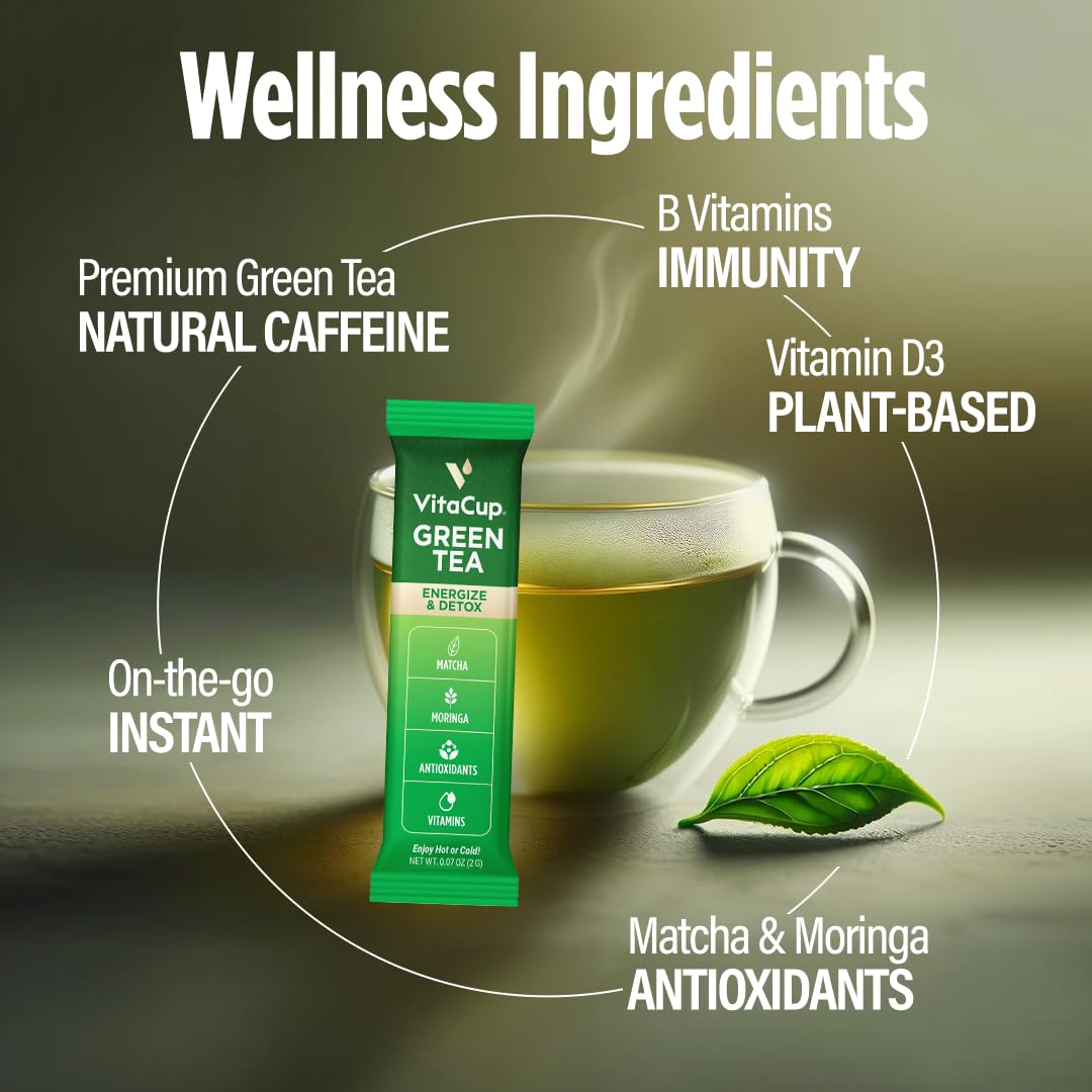 VitaCup Green Tea Instant Packets, Matcha, Moringa, B Vitamins, Fiber, 48 Count