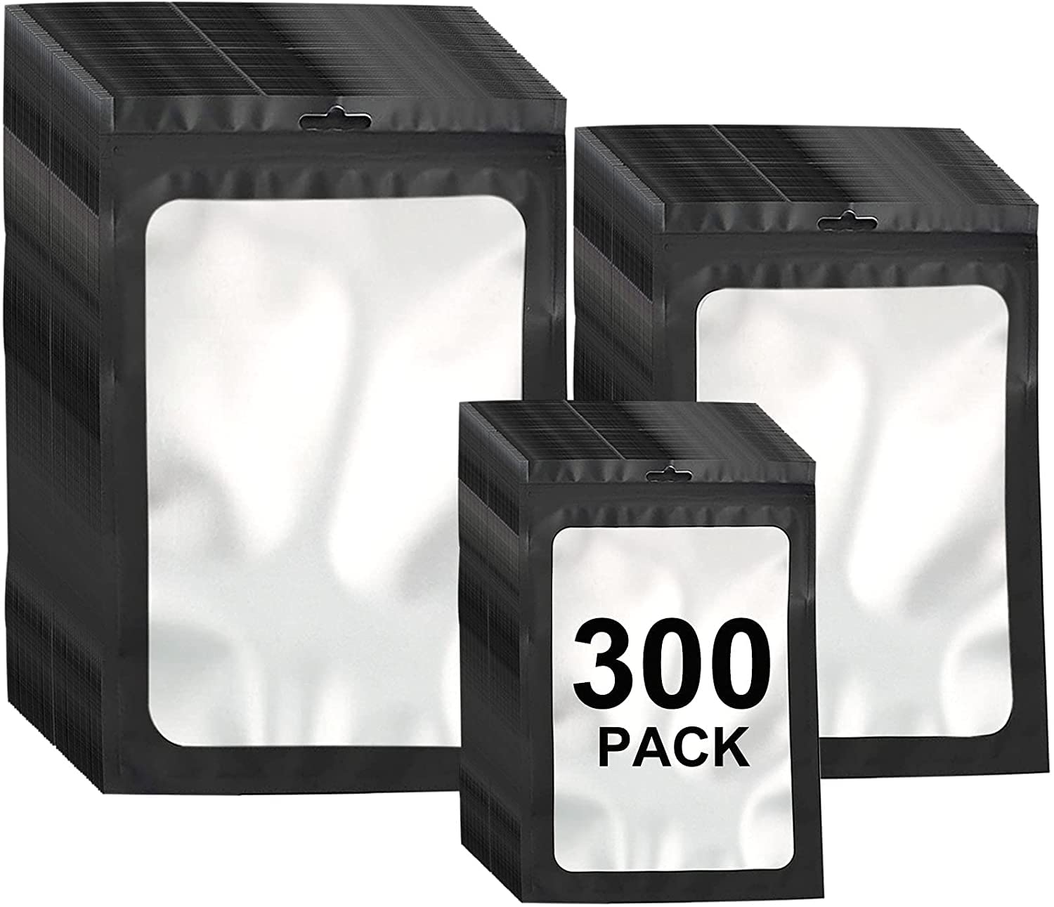 300 Pack 3 Sizes Resealable Mylar Bags Food Storage Smell Proof Bags With Front Window Packaging Pouch For Sample Snack Cookies 