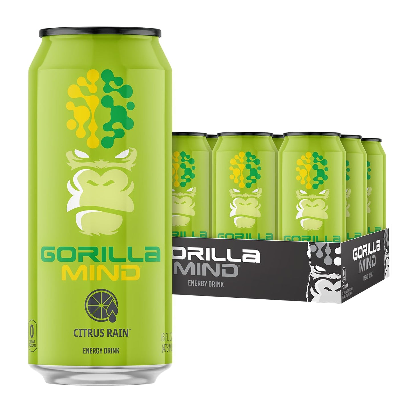Gorilla Mind Energy Drink | Unmatched Energy  Amplified Focus | N-Acetyl-L-Tyrosine  Alpha-GPC  200mg Caffeine  Uridine  Saffron | 0 Sugar Or Artificial Colors | 16oz  12-Pack (Citrus Rain)