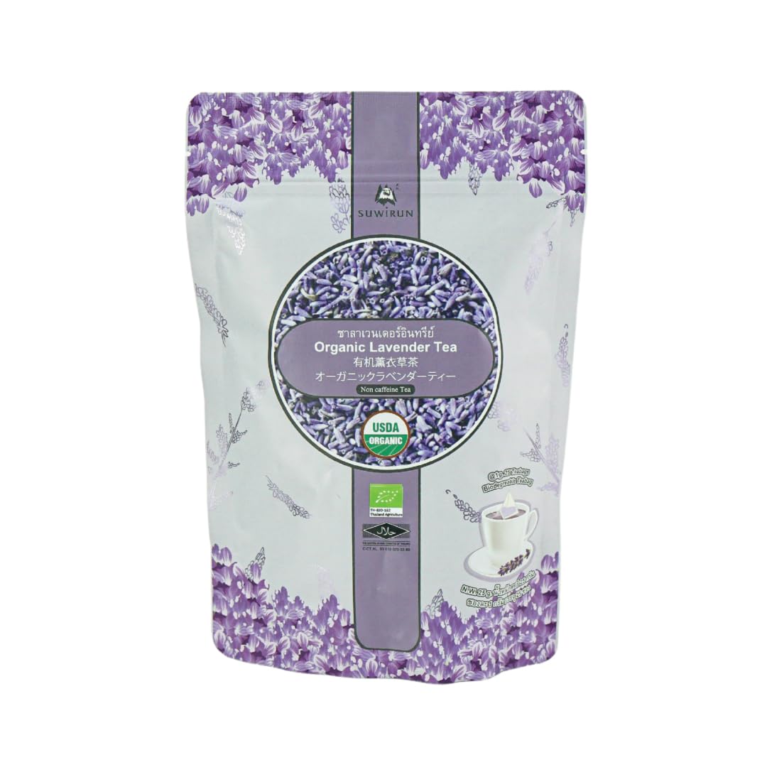 Suwirun Organic Lavender Tea 25 Bags - 100% Lavender Flowers - Aromatic & Calming  Energy Blend-Free - Supports Stress Relief  Relaxation & Playter Sleep
