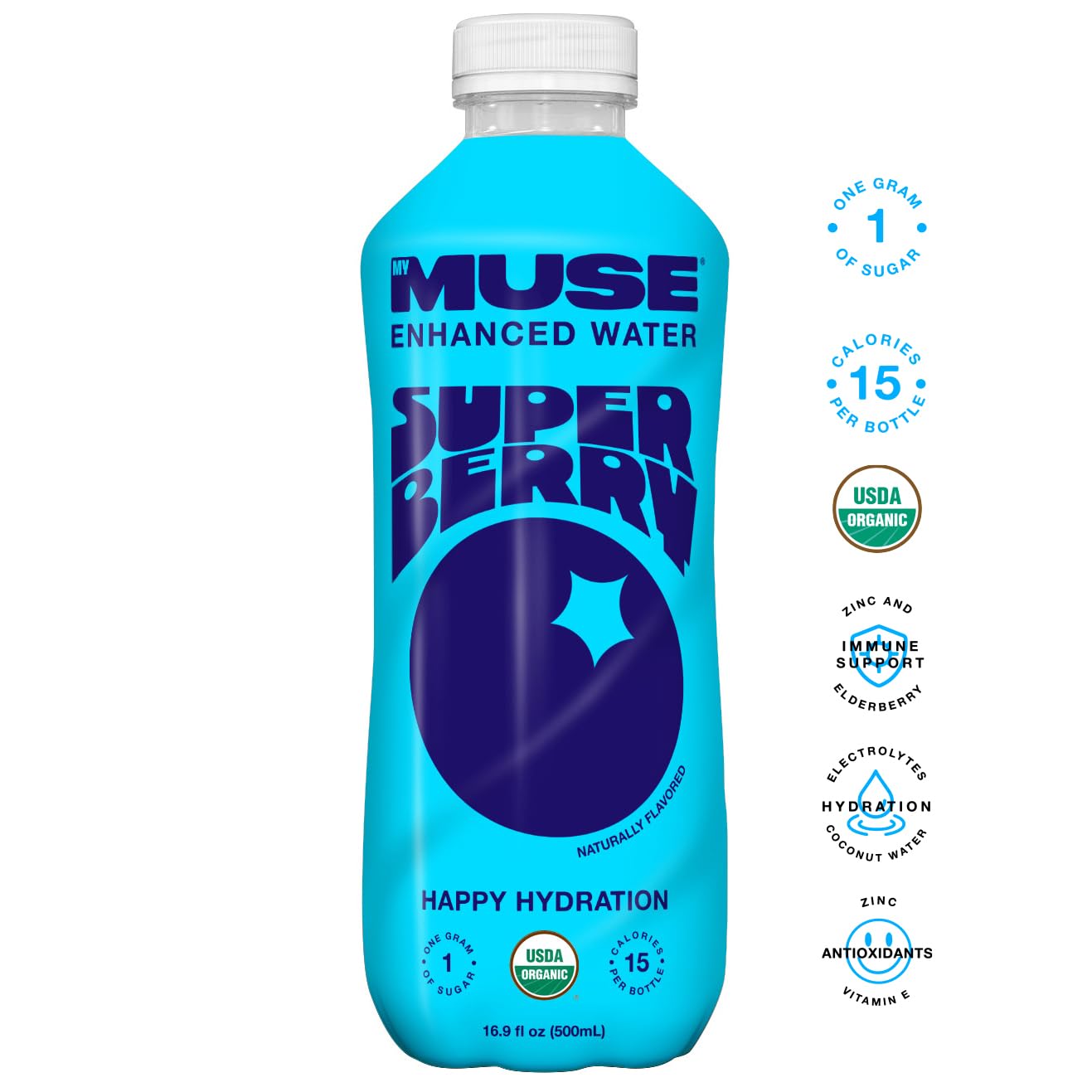 MyMuse Organic Enhanced Flavored Water, Super Berry, 16.9 Fl Oz Bottle (12 pack), 1G of Sugar, Immune Support with Zinc & Elderb