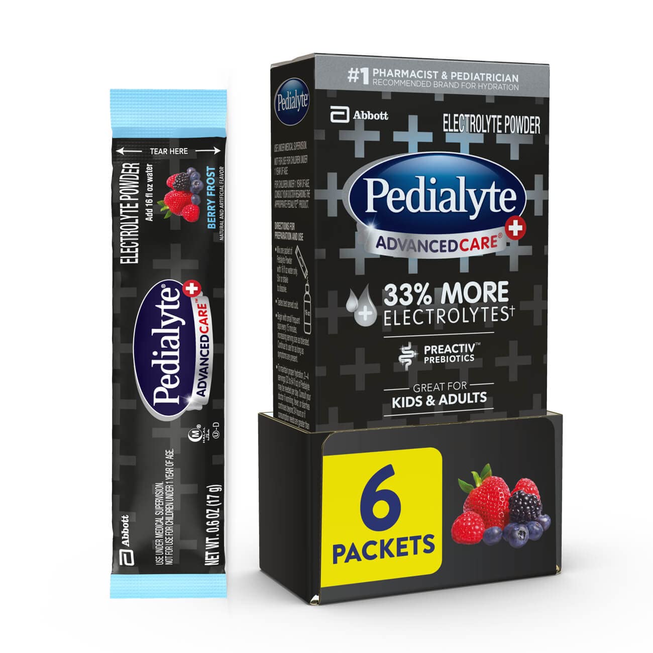 Pedialyte Advancedcare Plus Electrolyte Powder, With 33% More Electrolytes And Preactiv Prebiotics, Berry Frost, Electrolyte Dri