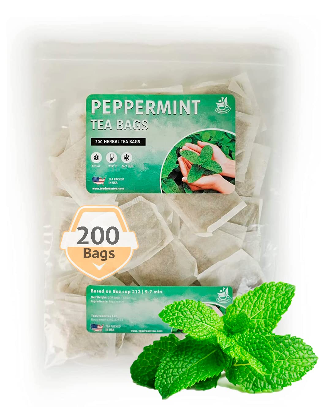TeaDreamTea Peppermint Tea Bags - Caffeine Free Herbal Tea - 200 Count