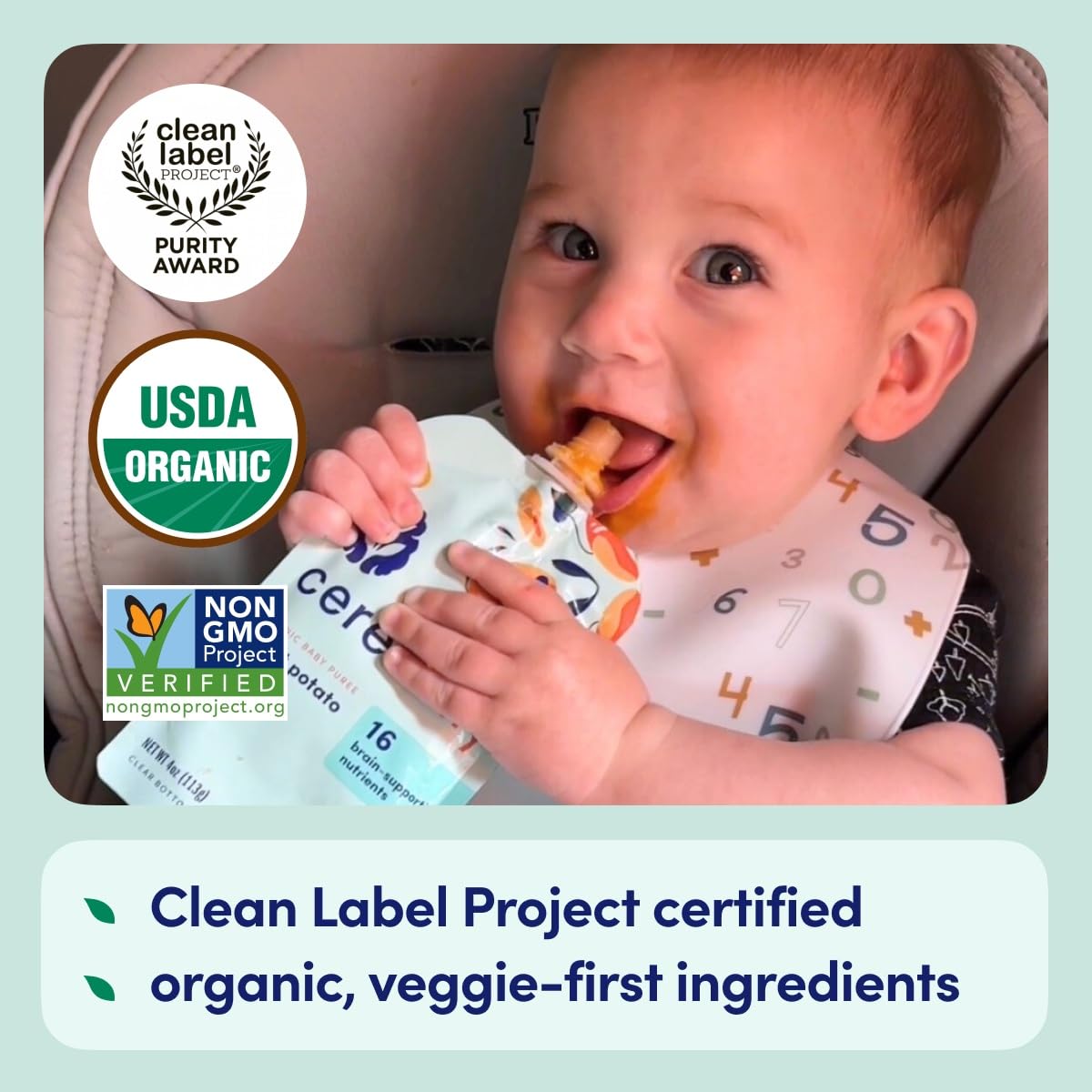 Cerebelly Organic Baby Food Pouches - 6+ Months Organic Veggie Pouches | 16 Nutrients, No Added Sugar, Non-Gmo | Toddler Pouches
