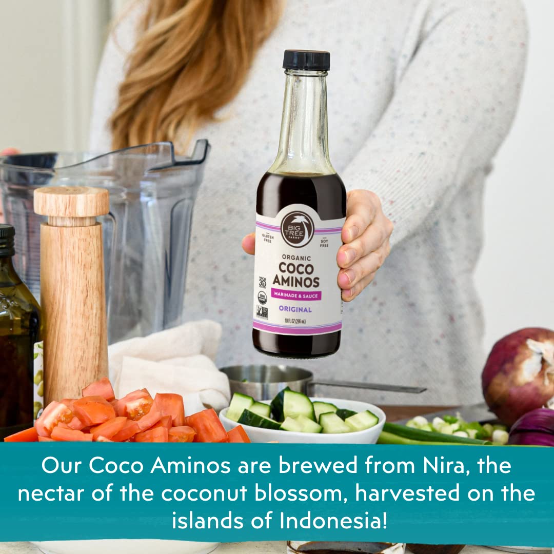 Big Tree Farms Organic Coco Aminos - Liquid Coconut Aminos, Soy-Free Sauce, Low Sodium, Soy Alternative, Gluten Free, Kosher, Warmly Umami, Marinade & Sauce, Non-Gmo - Original, 10 Fl Oz (Pack Of 2)