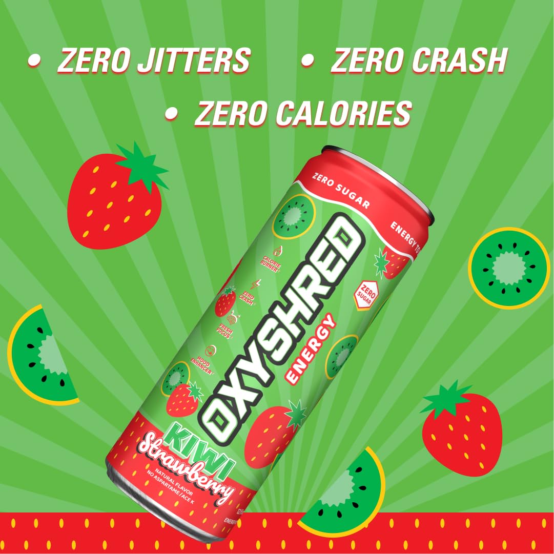 EHPlabs OxyShred Ultra Energy Drink - Zero Sugar, Kiwi Strawberry, 12 Fl Oz (Pack of 12)