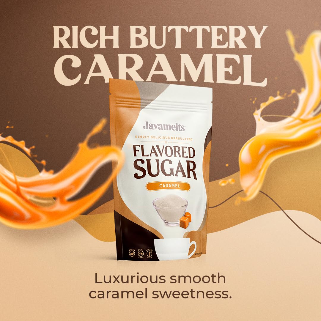 JAVAMELTS Caramel Flavored Sugar | Pure Cane Sugar | Non-GMO, Gluten-Free | 24 Ounce Bag | Brown