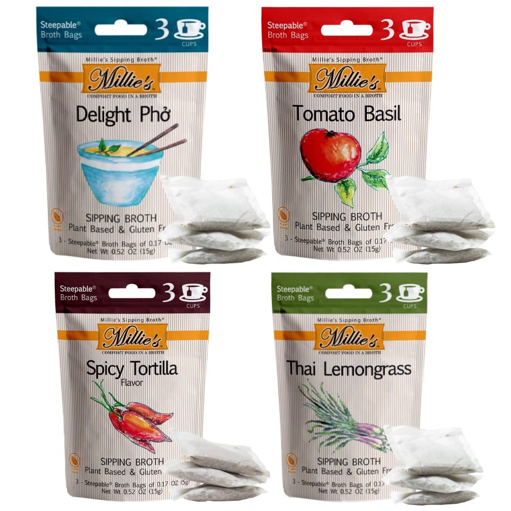 Millies Sipping Broth Steepable Vegetable Broth - Vegan, Keto, Gluten Free - 12 Bags Total (4 Pack Assortment)