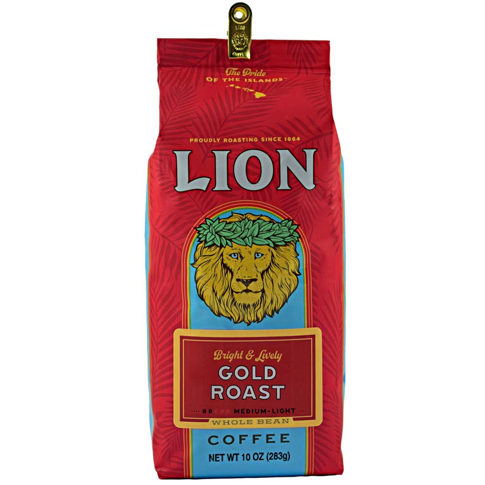Lion Coffee Gold Roast Whole Bean Coffee, Medium-Light Roast, 10 Ounce Bag