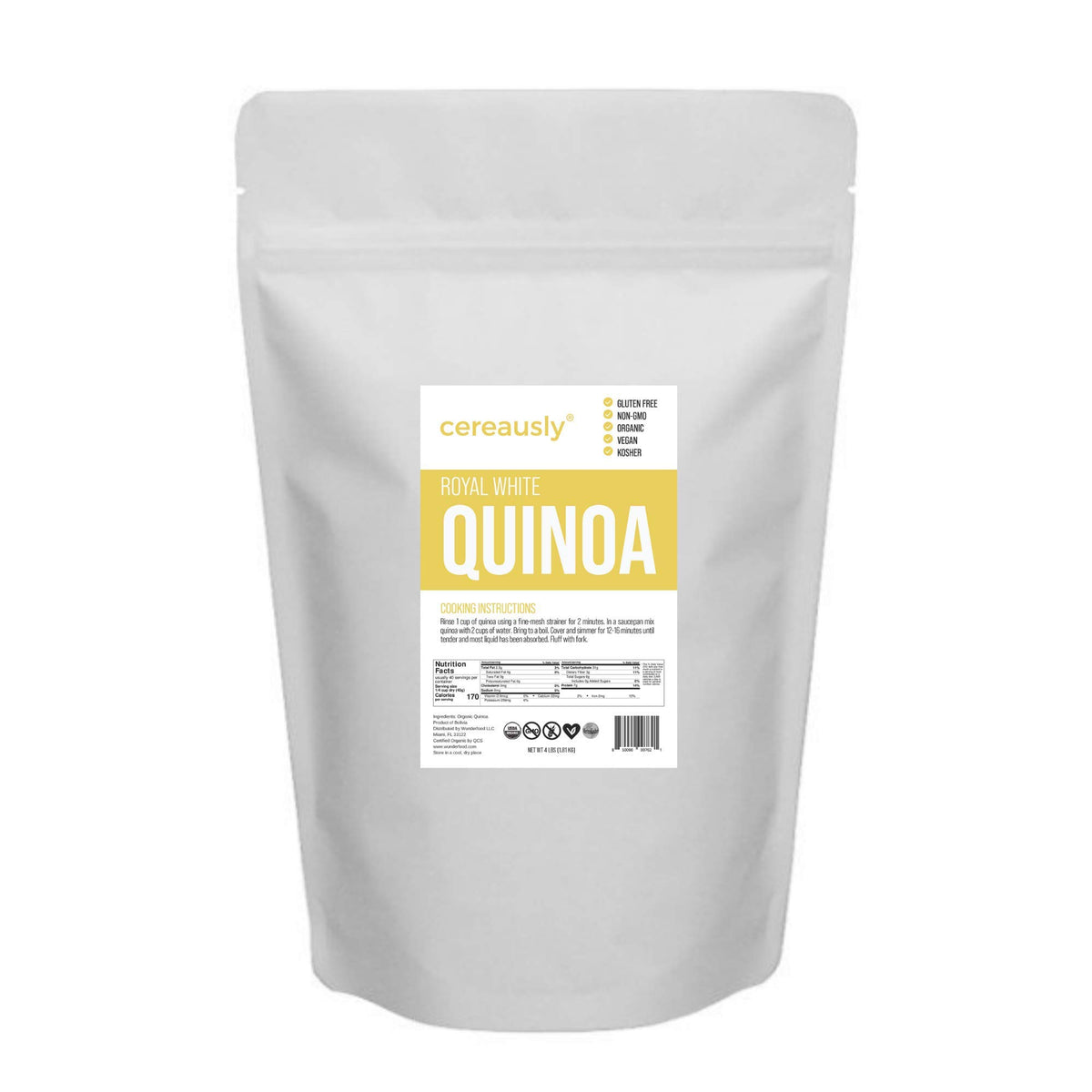 Cereausly Organic White Quinoa – Non-GMO, Vegan, Gluten-Free – 4 LB Bulk
