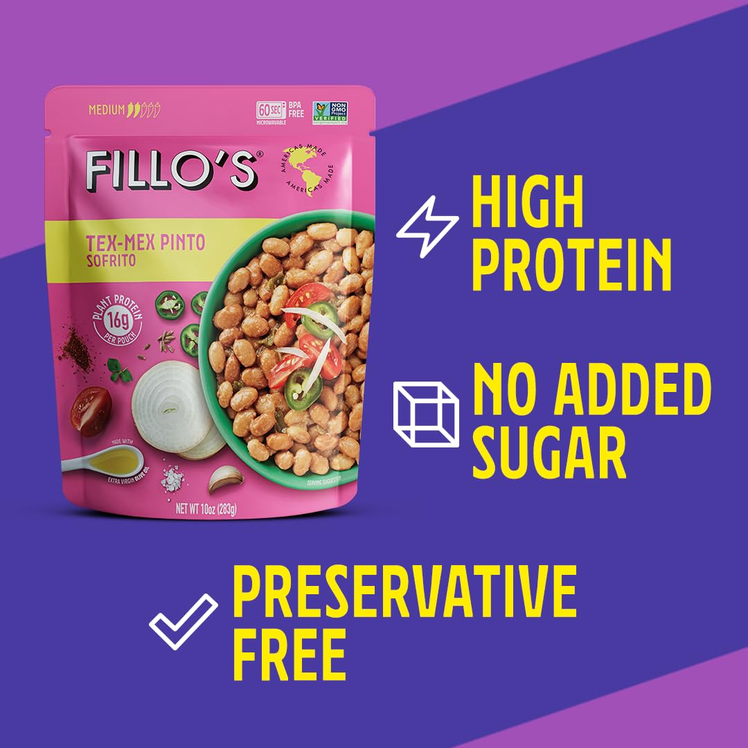 Fillo'S Tex Mex Pinto Beans - Ready To Eat Beans, Gluten-Free, Preservative-Free, Microwavable, Non-Gmo, Vegan Friendly, Plant P