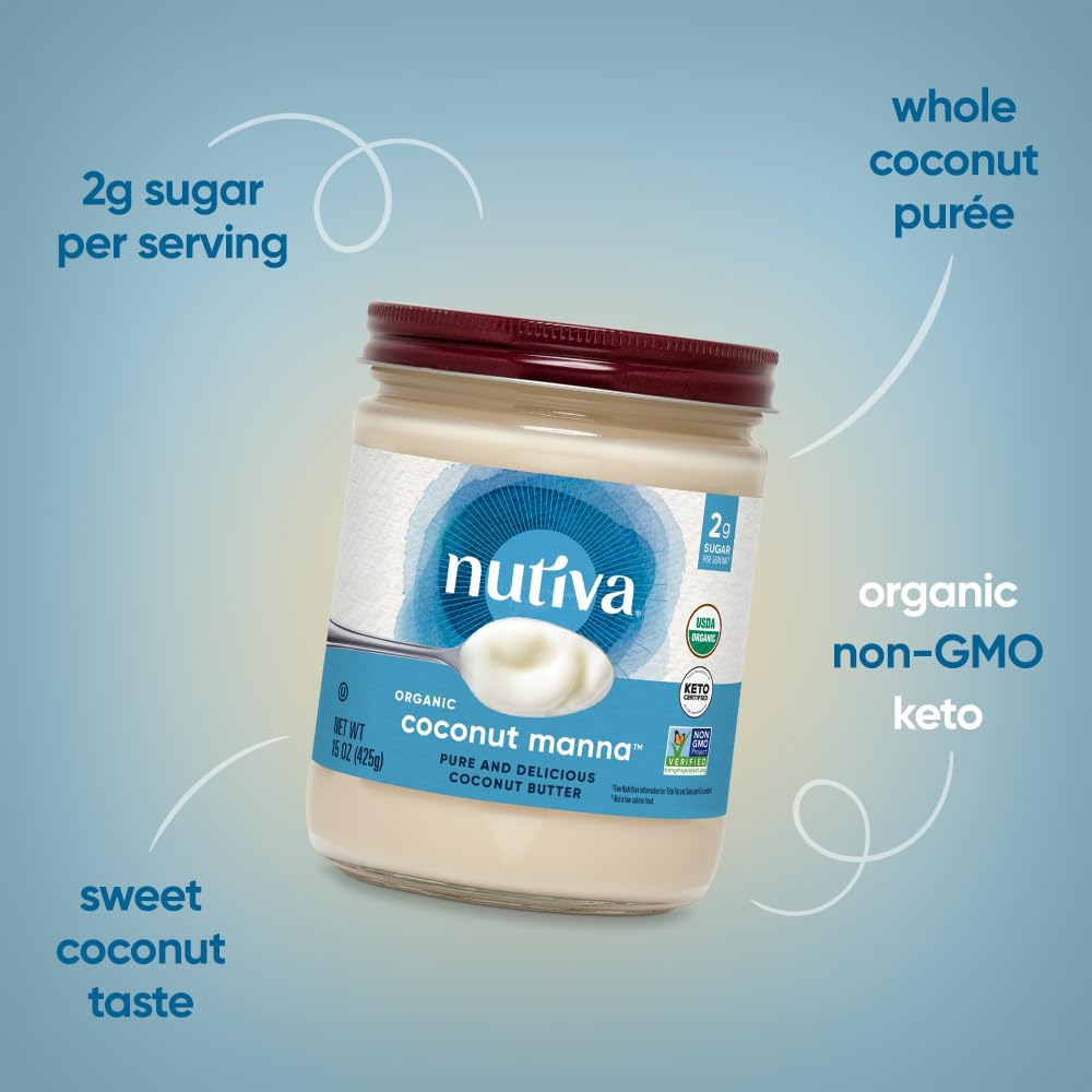 Nutiva Organic Coconut Manna Pur  ed Coconut Butter, 15 Oz, USDA Organic, Non-GMO, Vegan, Gluten-Free & Keto, Creamy Spread for
