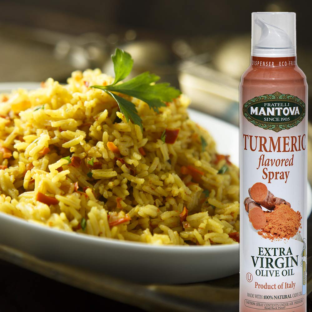 Mantova Turmeric Flavored Extra Virgin Olive Oil Spray, heart-healthy cooking spray perfect for salads, pasta sauces, 100% natur