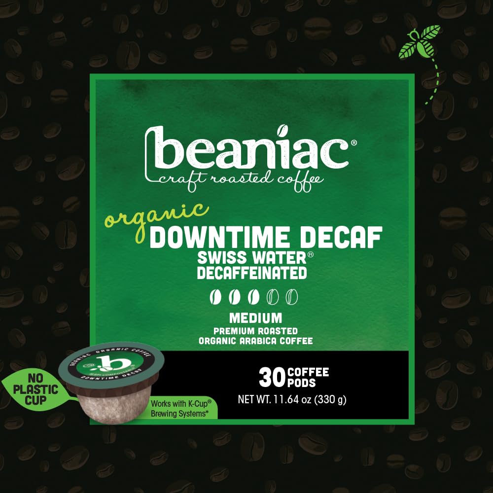 beaniac Organic Decaf Coffee Pods, Medium Roast, 30 Count Single Serve Compostable K Cups, Swiss Water Processed, Keurig Compatible