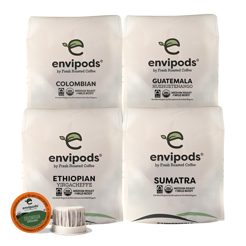 Fresh Roasted Coffee Organic Single Origin Envipods Variety Pack 48 Count for K Cup Brewers