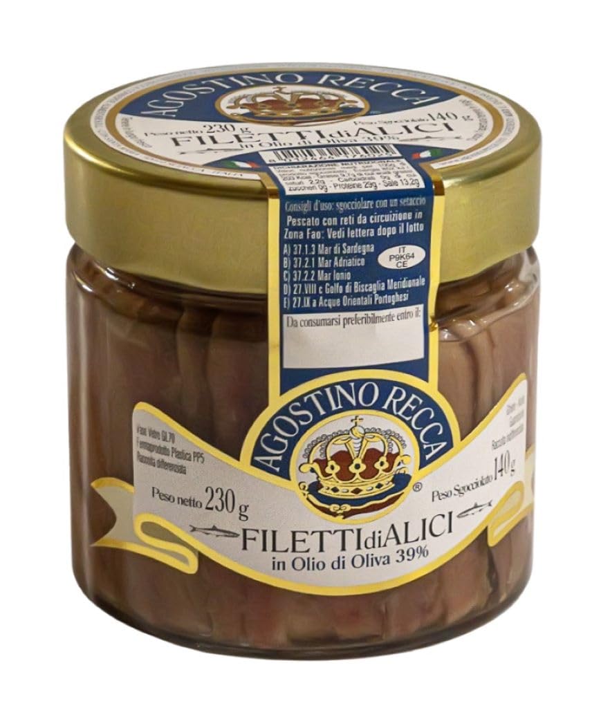 Agostino Recca Anchovy Fillets in Olive Oil, 230g (8.1oz), Wild Caught from Italy, for Pizza, Pasta, Salads