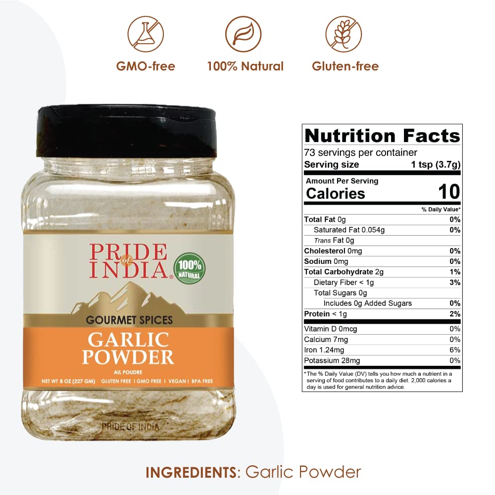 Pride Of India Garlic Fine Ground Seasoning - Gourmet Culinary Grade - 8 oz Medium Dual Sifter Bottle