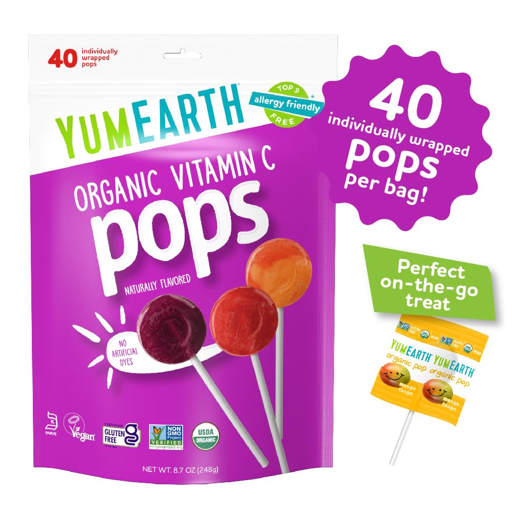 YumEarth Organic Vitamin C Pops Variety Pack, 40 Fruit Flavored Favorites Lollipops, Allergy Friendly, Gluten Free, Non-GMO, Veg