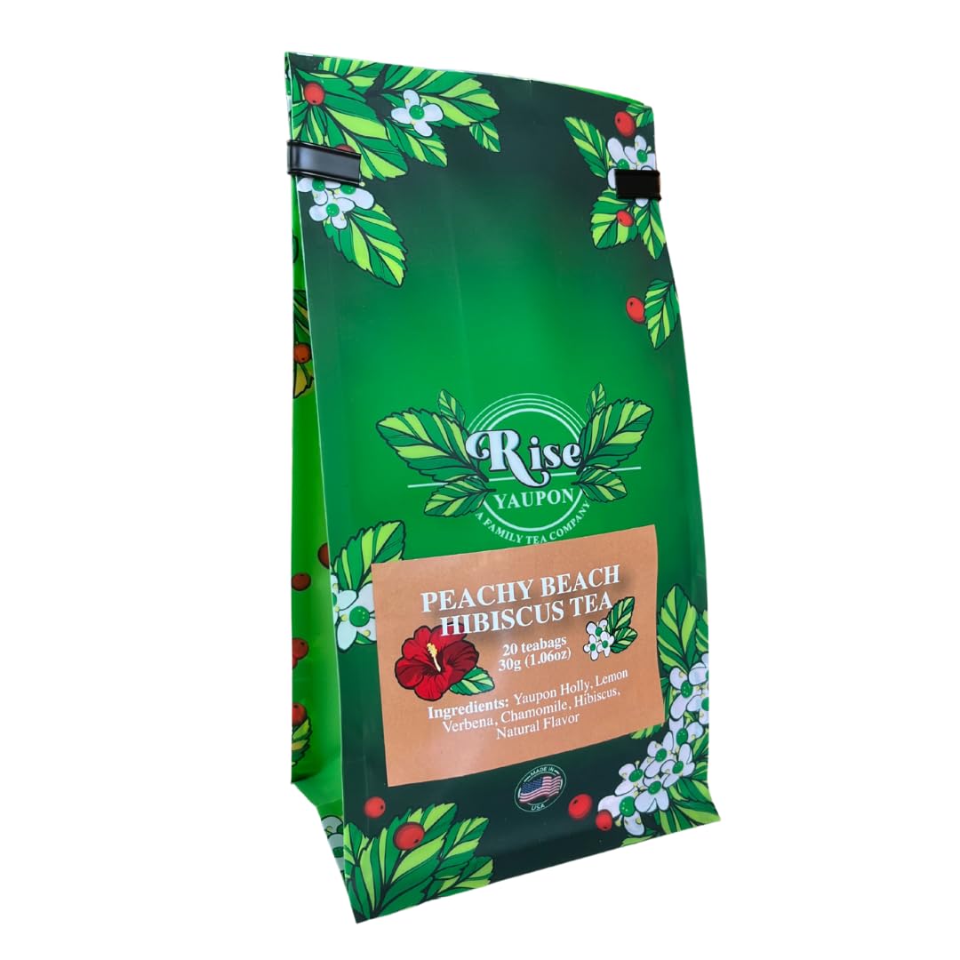 Rise Yaupon Tea - Peachy Beach Hibiscus Yaupon Holly, 20 Tea Bags, Caffeinated, Natural Peach Flavor, 1.06 oz