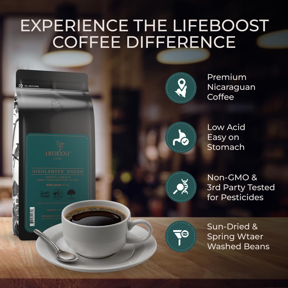 Lifeboost Highlander Grogg Whole Bean Coffee - Non-Gmo Low Acid Single Origin Flavored Coffee Beans - Third Party Tested For Myc