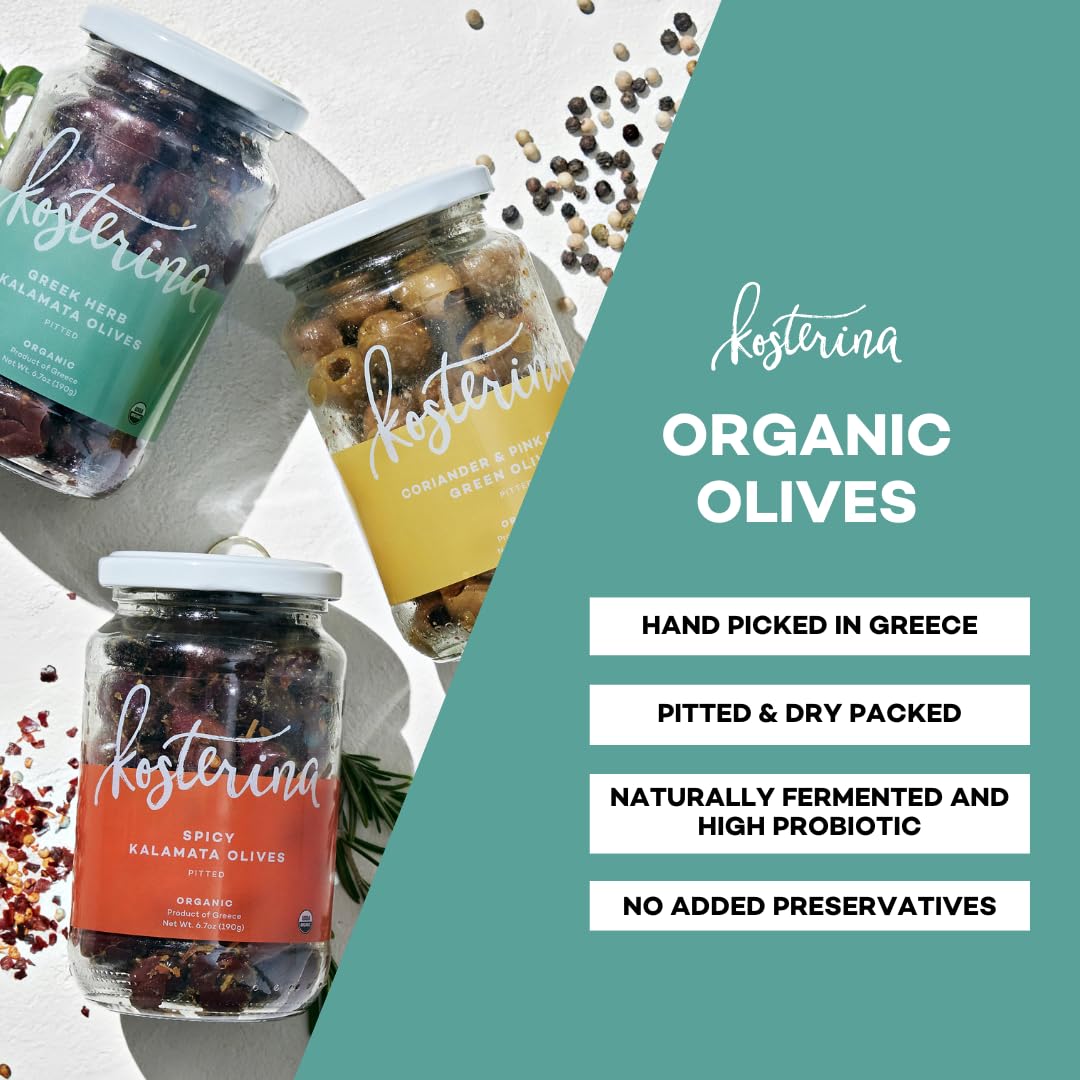 Kosterina - Organic Greek Herb Kalamata Olives, Pitted & Dry-packed - Great for Salads, Garnishing Cocktails and Snacking | 6.7o