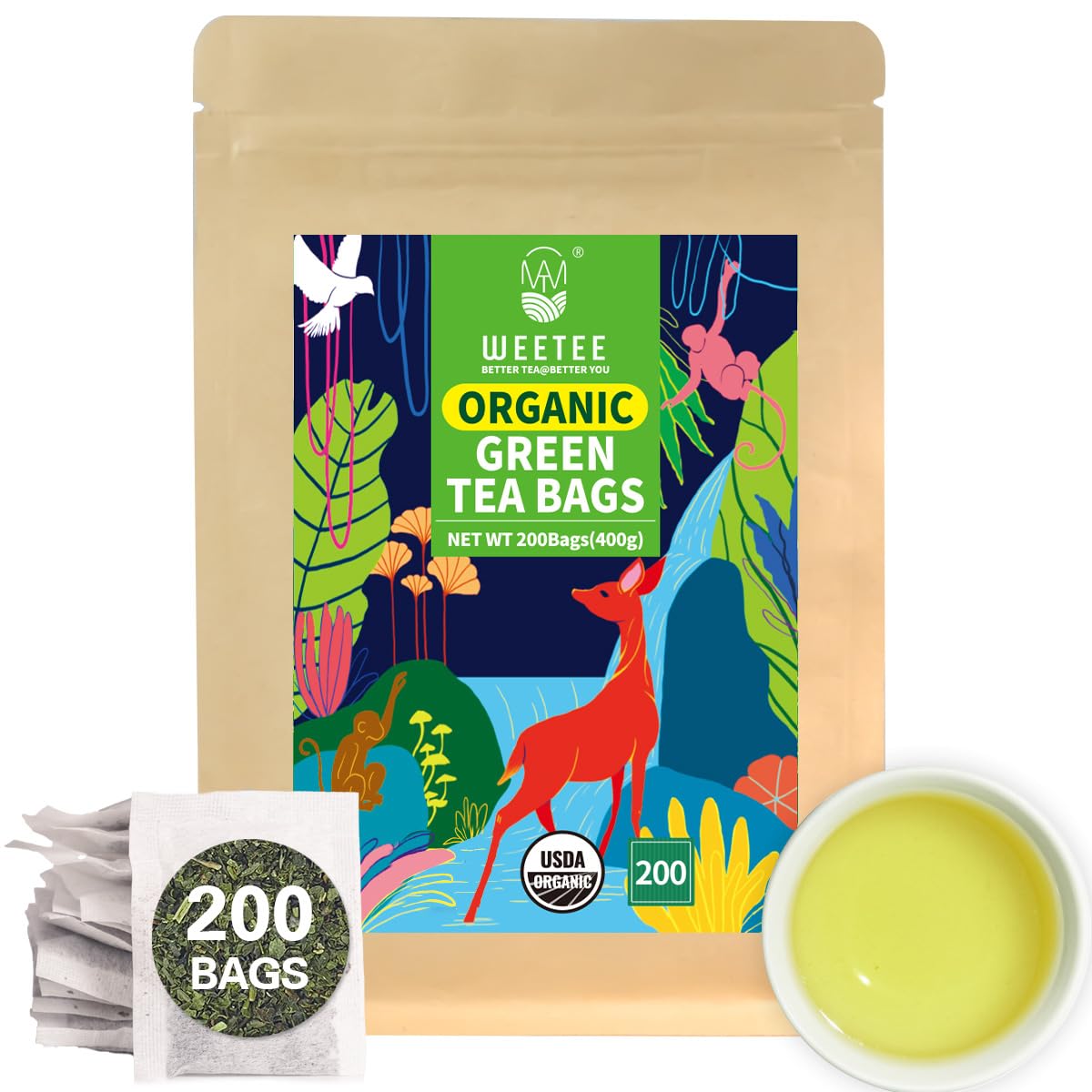Wt Weetee Organic Green Tea Bags, Organic Pure Green Tea 200 Count, Super Antioxidant | Resealable Kraft Bag | Brew Hot Or Iced