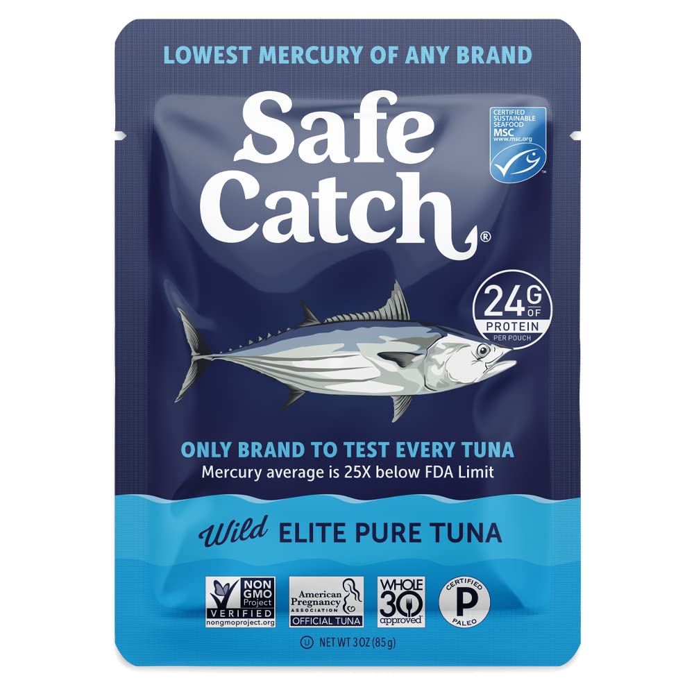 Safe Catch High-Standard Tuna Wild-Caught Lowest Mercury Tuna Fish Pouch Gluten-Free Keto Food Non-Gmo Kosher Paleo-Friendly High Protein Snack, No Water Oil Tuna, Pack Of 12 Tuna Pouches 3Oz