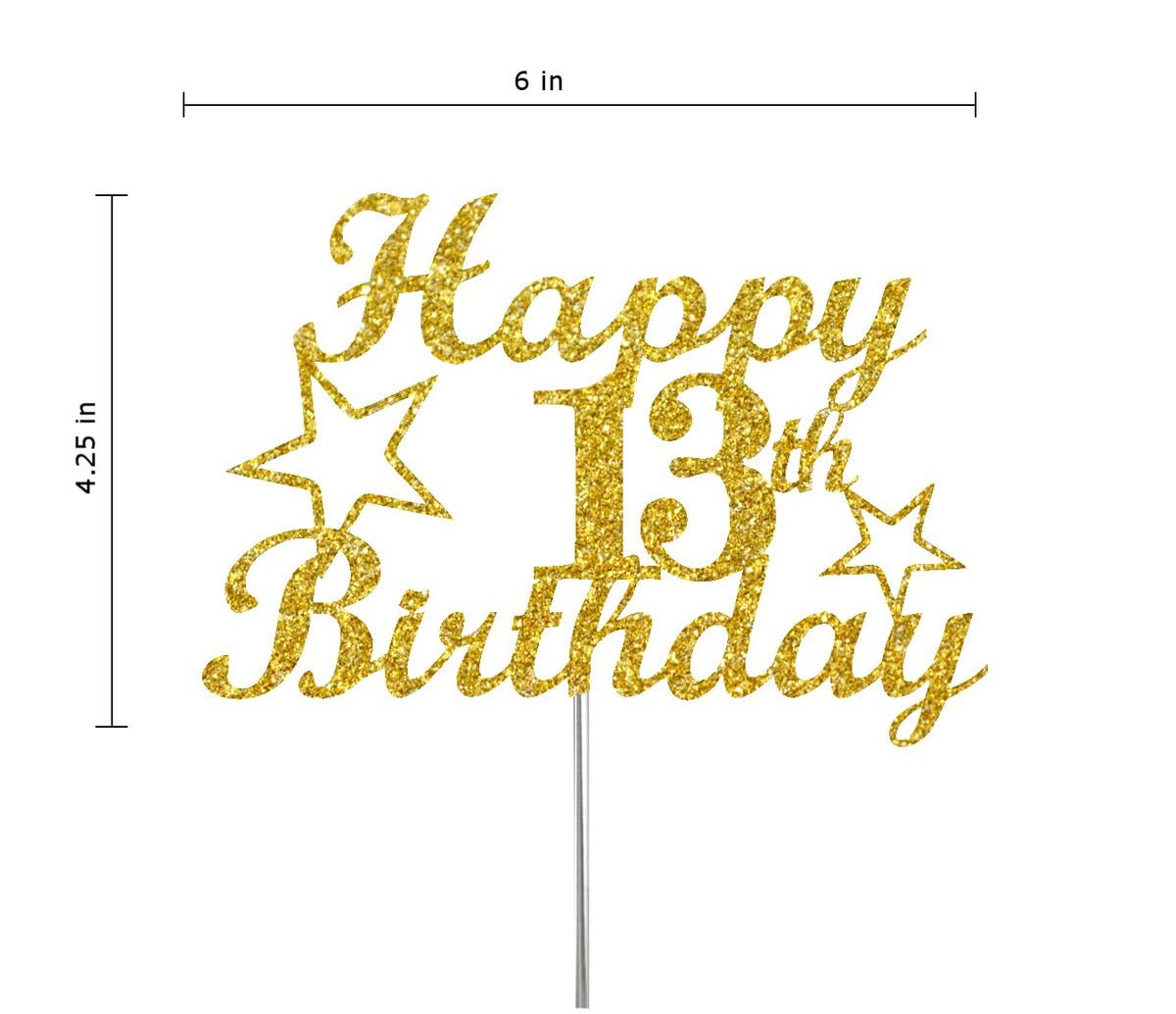 13 Birthday Cake Topper Gold Glitter, Party Decoration Ideas, Enhanced Quality, Sturdy Doubled Sided Glitter, Acrylic Stick. Made In Usa (13Th)